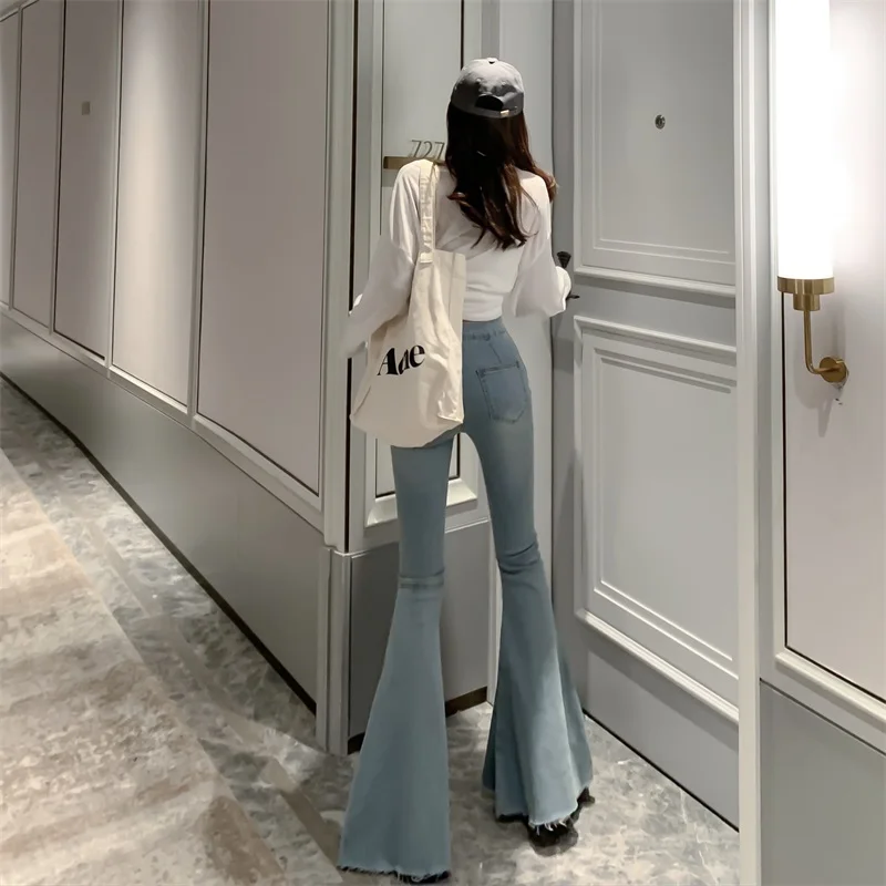 Plus Size Slit Denim Jeans Flare Pants Women Trousers Korean Style Casual Office Lady Female High Waist Long Bell Bottom Pants