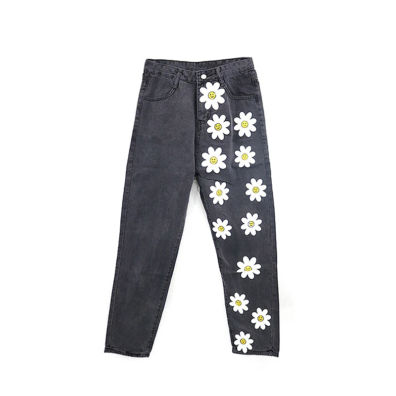 2023 New Y2k Flowers Fresh and Fresh Blue Denim Women's Solid Jeans European and American Indie Printed Thin Jeans Casual Pants