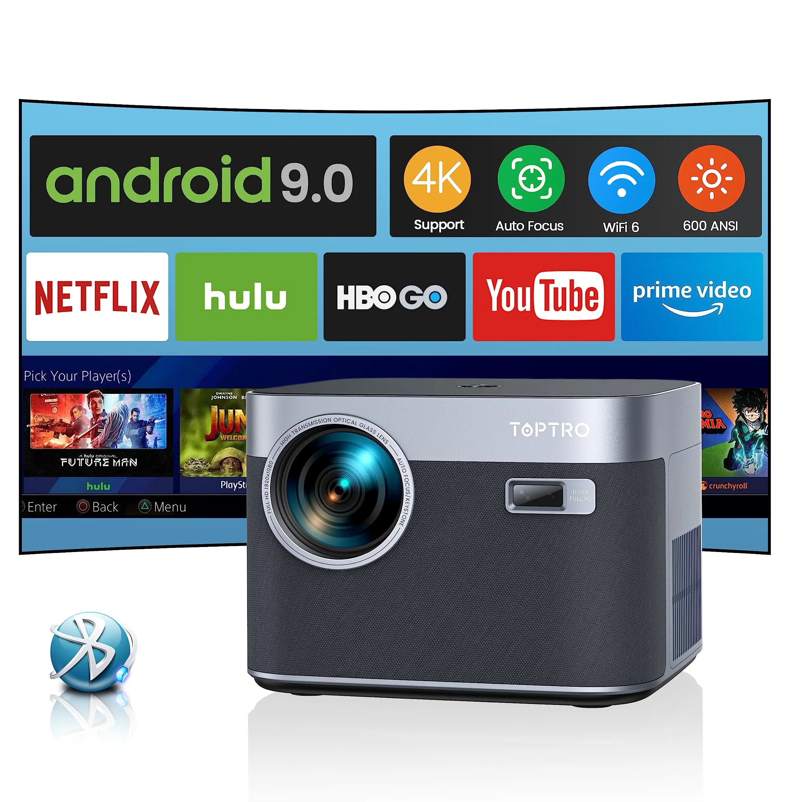 TOPTRO-X7 4K Android 9.0 Projetor, 16000 Lumens, 1080P, WiFi 6, Bluetooth, Auto Foco, Keystone, Ao ar livre, Home Theater