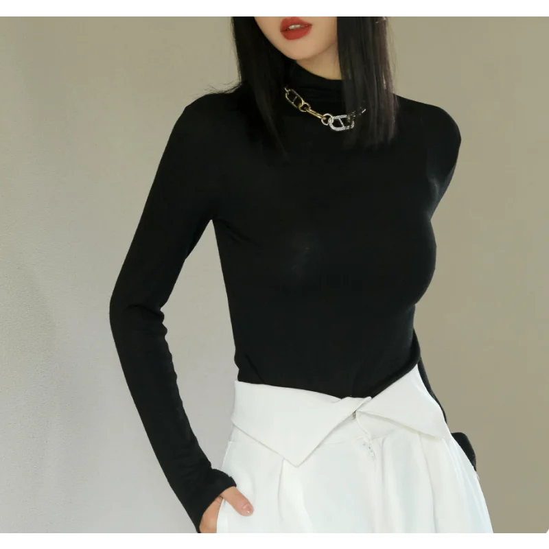 

Modal Underlay Women's Long Sleeve T-shirt, Half High Collar, Tight Top, Underwear Clothing, Black Blouse, Spring, Autumn