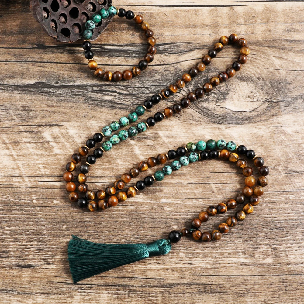 8mm Yellow Tiger Eyes Turquesa Africana Black Onyx Japamala Set Meditation Yoga Spirit Jewelry 108 Mala Beaded Tassel Necklace 3