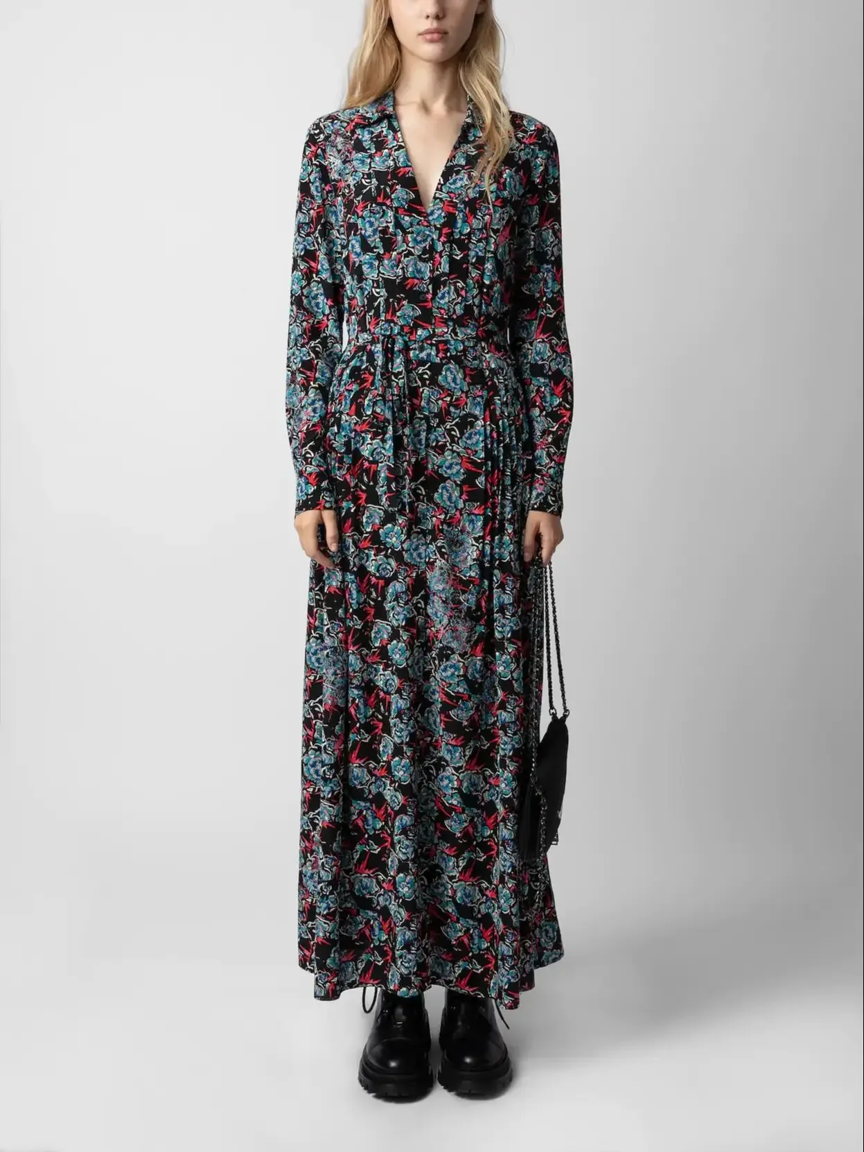 

Women Print Dress Colorful Diamonds Lace-up High Waist Spring New Vintage V-neck Long Sleeve Midi Robes