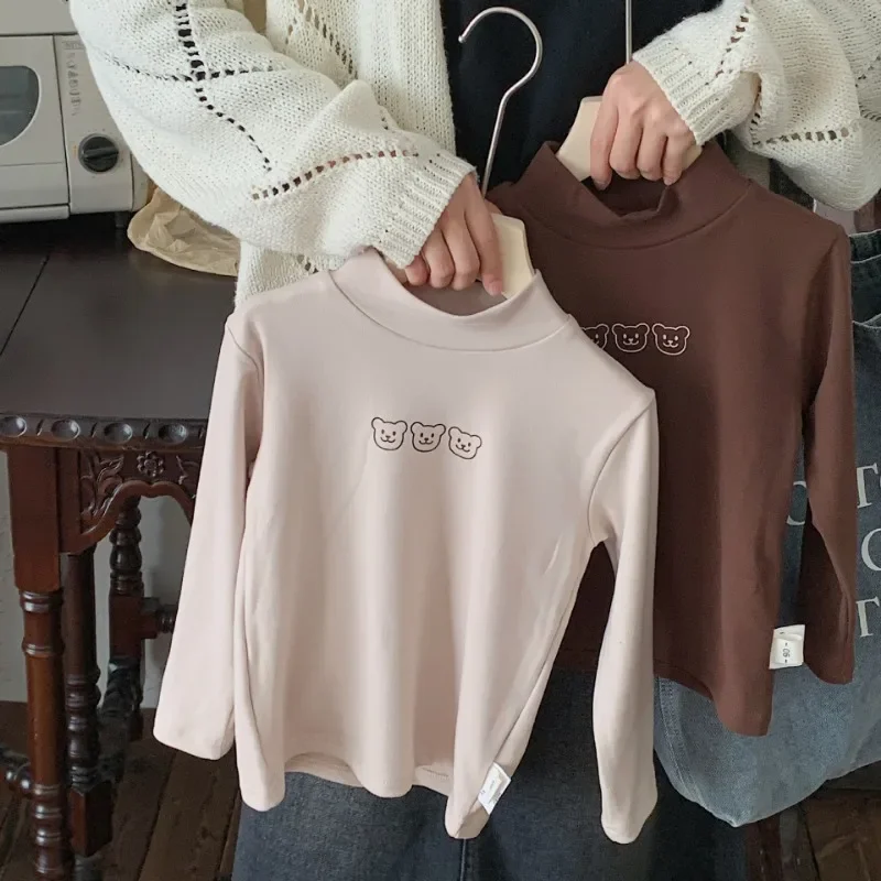 

2023 Winter Kids bottoming T shirts cartoon bears half turtleneck warm pullover Boys Girls all-match casual Tops