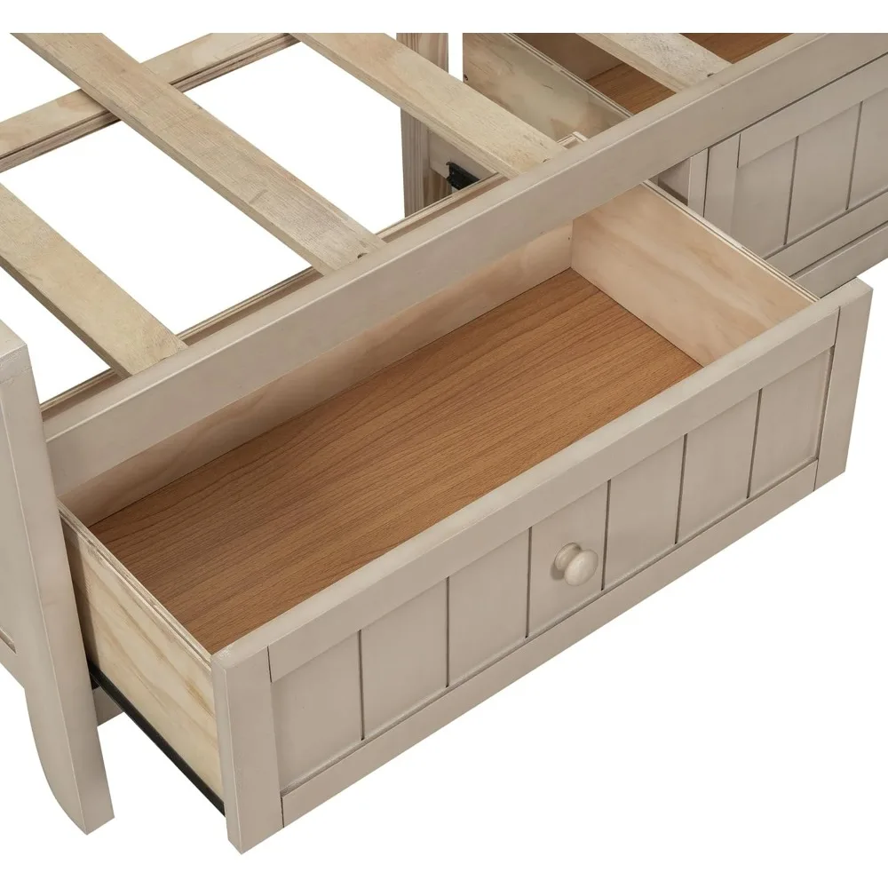 Full Size Daybed, Wood Full Daybed Frame with Storage Shelves and 3 Drawers, Antique White Milk 4