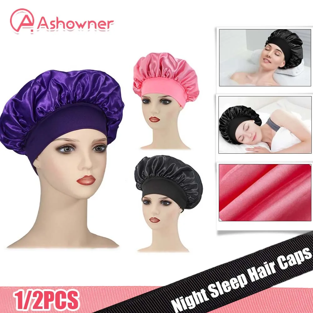 WomenNightSleepHairCapsDoubleLayerAdjustHeadCoverHatSilky