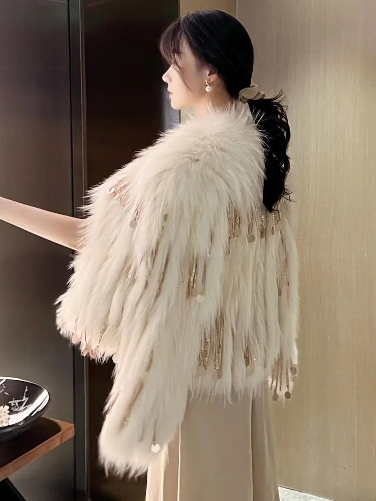Fashion Korean Style Round Neck Long Sleeve Women's Fox Fur Fur Coat Winter Short Elegant Commuter Sequined Tassel Faux Fur Coat