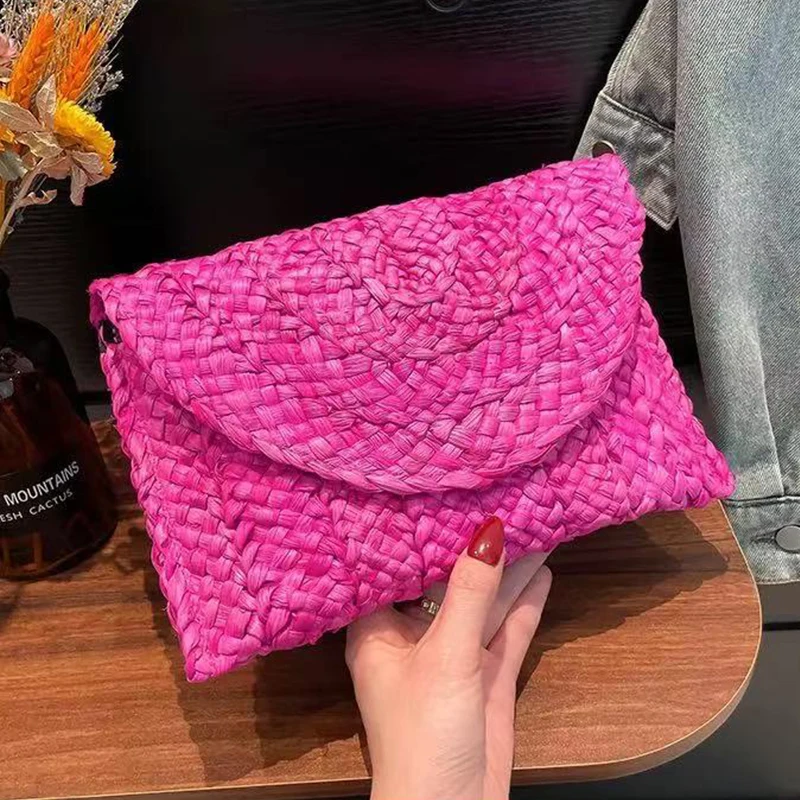 Fashion Beach Purse Women Summer Beach Bag Envelope Woven Clutch Solid Color Large Capacity Storage Bag Corn Husk Straw Hand Bag – Detail 8