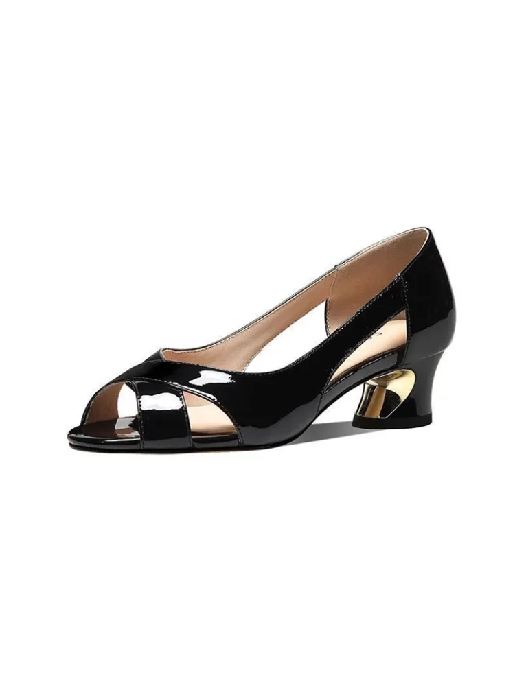Sapatos 여성 패션 블랙 페이턴트 가죽 핍 토 스퀘어 힐 신발, 레이디 클래식 화이트 용수철, 여름 힐 슈즈 A160