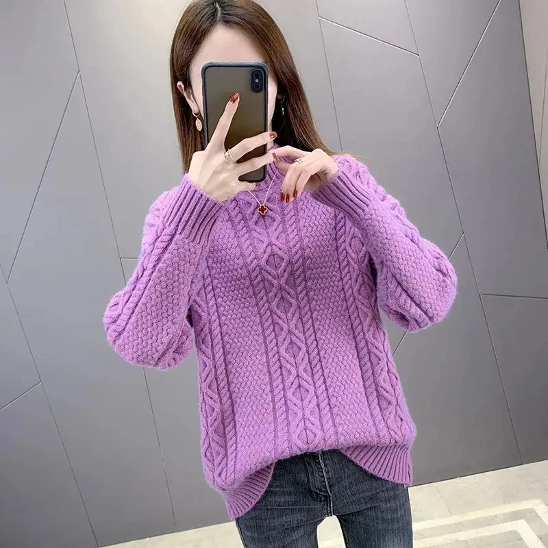

Women Fried Dough Twists Sweater Pullover 2024 New Autumn Winter Half High Collar Knitted Sweaters Female Bottoming Shirt Tops