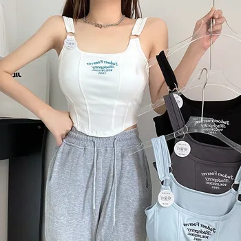 Y2K 여성용 민소매 크롭탑 탱크탑, 섹시한 조끼, 브래지어 레터, 단색 짧은 민소매 캐미솔, 브래지어 패드, 스트리트웨어