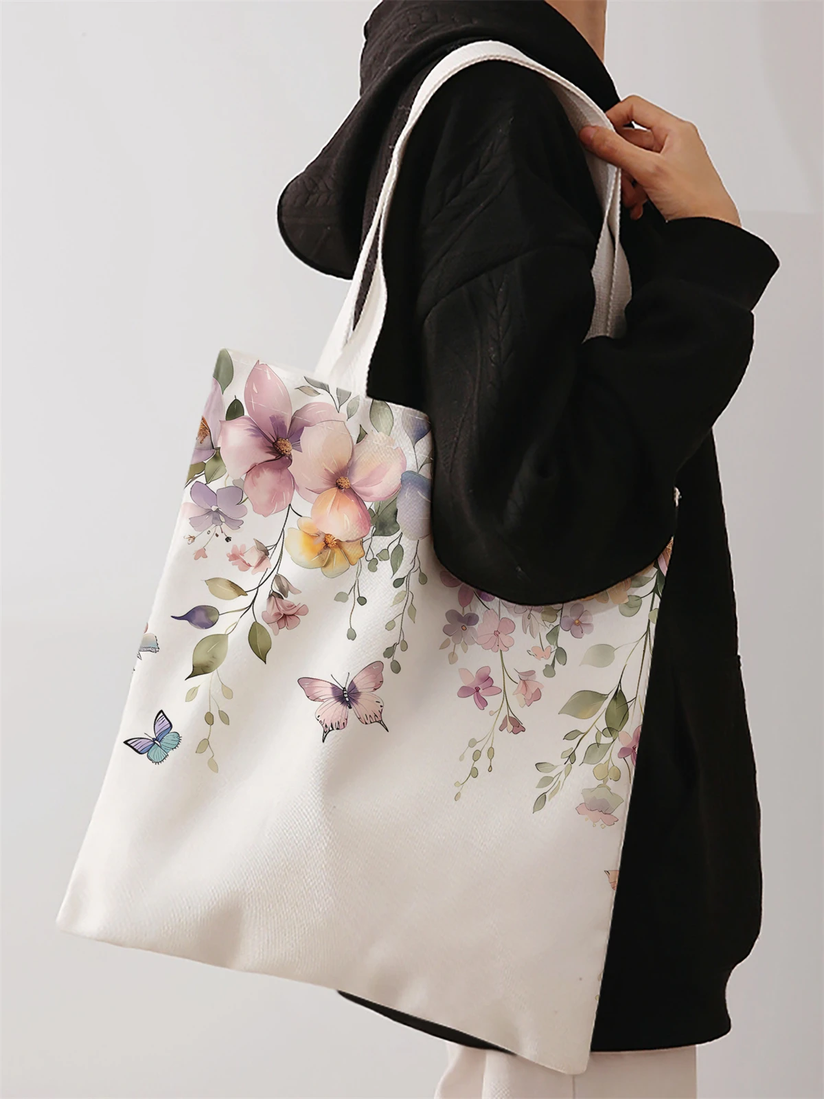 Flower pattern printed casual handbag, reusable fashionable backpack, multifunctional handbag, canvas shopping bag