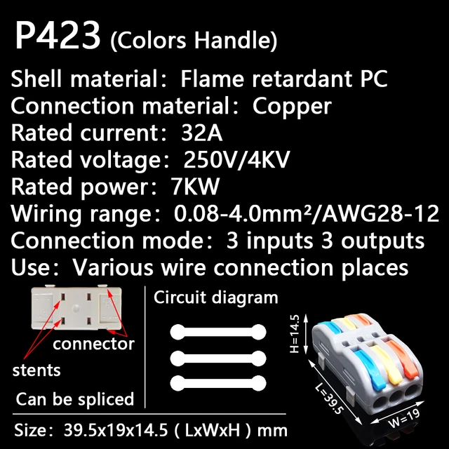 Mini Fast Wire Cable Connectors Universal Compact Conductor Spring Splicing Wiring Connector Push-in Terminal Block P421 F12 P423 (Colors Handle)
