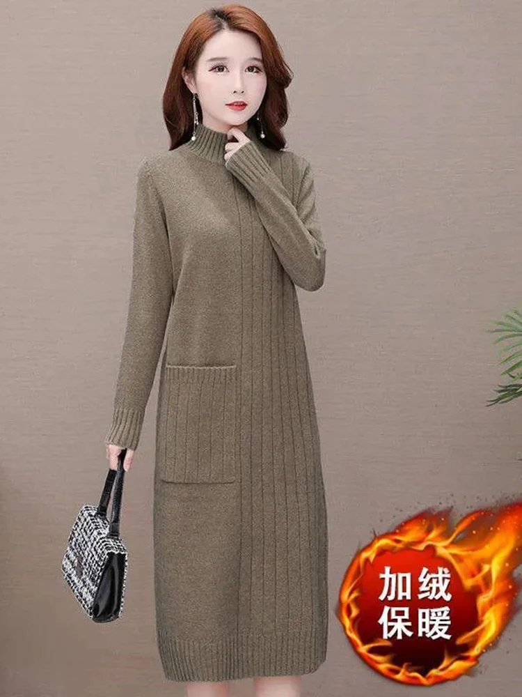 Elegant Thicken Soft Knitted Dress Loose Korean Half Turtleneck Knitwear Midi Dresses Casual Sweater Vestidos Women New Robe