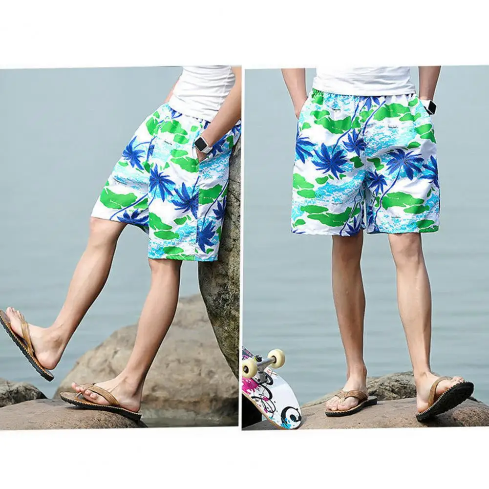 

Breathable Men Shorts Men's Tropical Tree Printed Elastic Waist Beach Shorts for Seaside Adventures Quick Drying Wide Leg