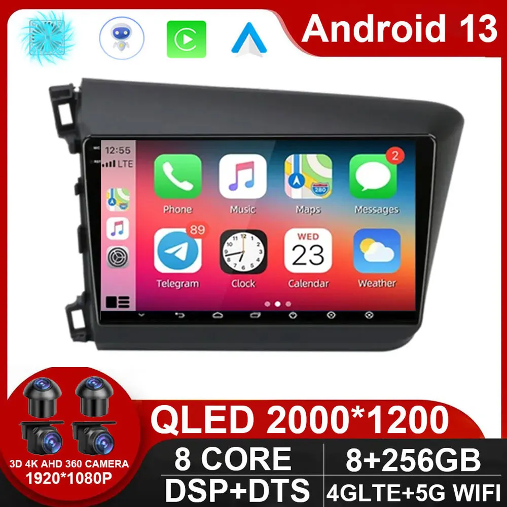 

9" Android 13 Car Radio for Honda Civic 2012 2013 2014 2015 Multimedia Player 2din Carplay Stereo GPS DVD Head Unit NO 2 Din