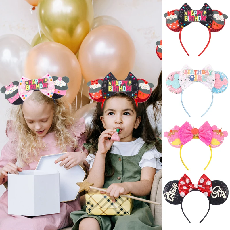 Ragazze Ragazzi Buon Compleanno Disney Mouse Ears Fascia Per La Festa Mickey 5 "Paillettes Bow Hairband Festival Accessori Per Capelli Fai Da Te Femme