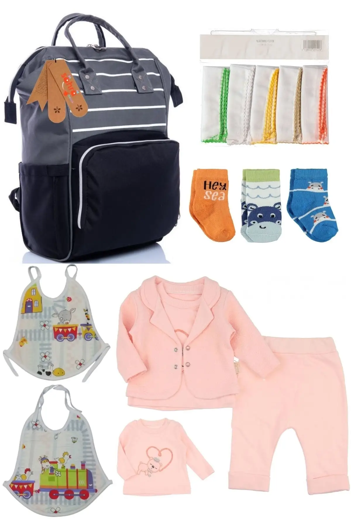 

6 Piece Birth Set (Baby Care Backpack, hospital Exit, 10-Hand Wipes, 3-Socks And 2-Piece Set) Cotton