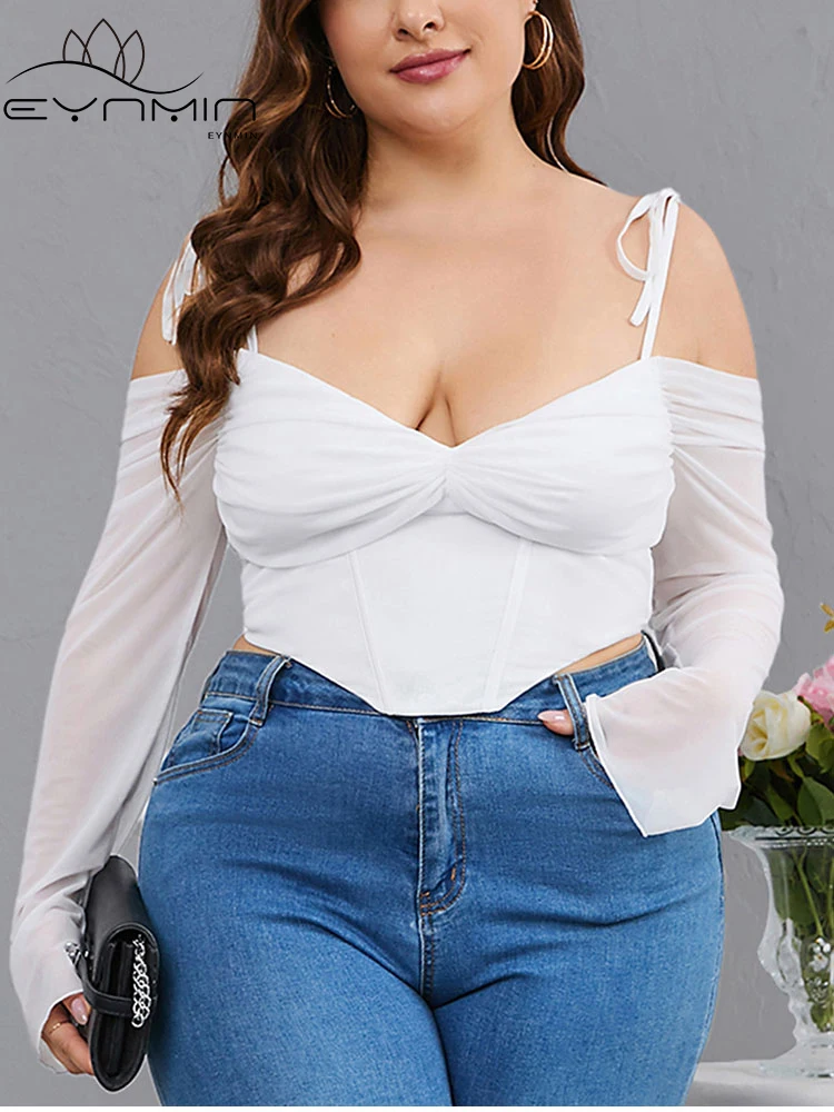 EYNMIN Plus Size Solid Mesh Sleeve Cropped Top For Womme Autumn Sexy V Neck Backless Cami Tops Fashion Club Zipper Robe Vacation eynmin plus size print strapless cropped tank tops women summer sexy backless bandage corset top club fashion boned vest female