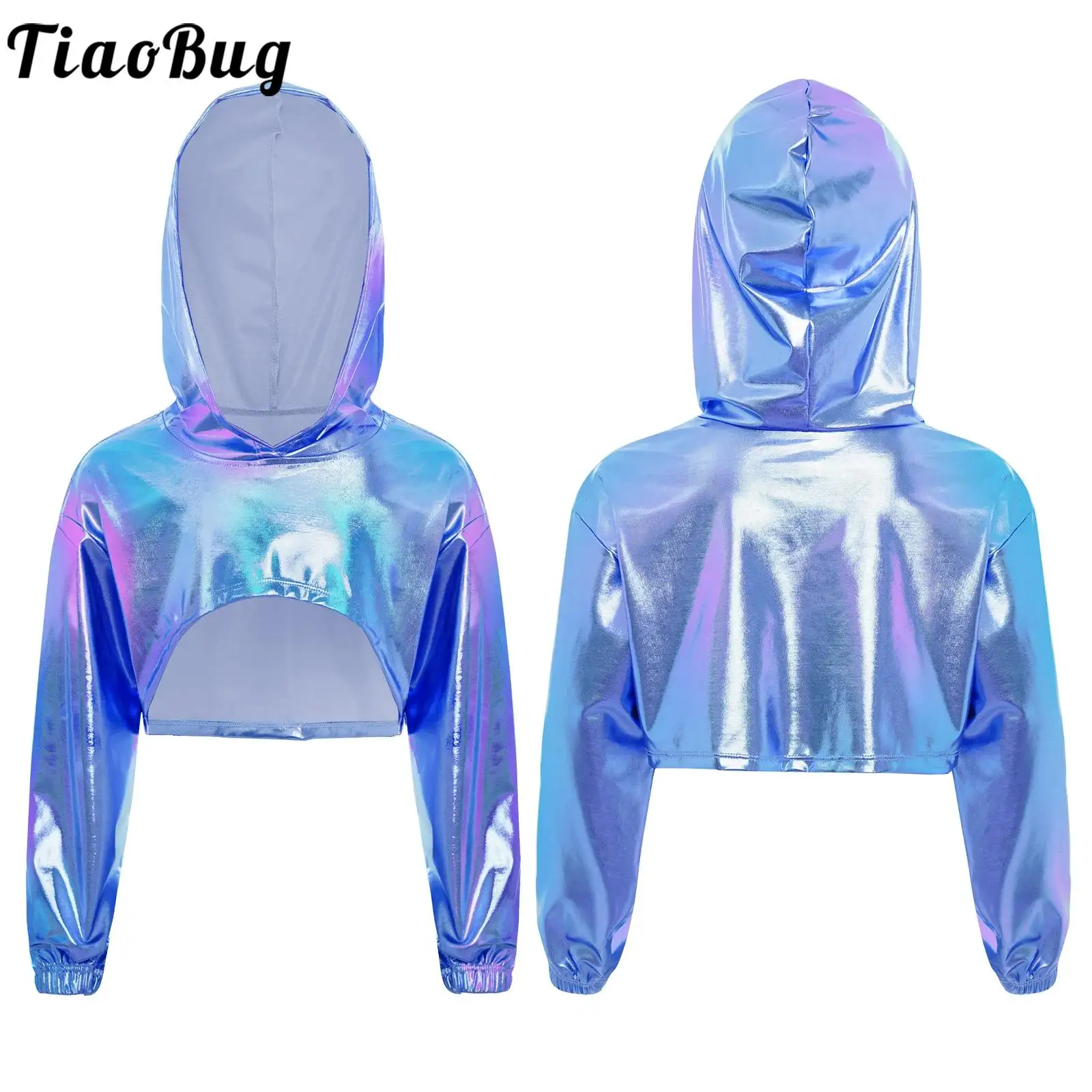 Kids Girls Hip-Hop Jazz Dance Hooded Cropped Top Modern Street Dance Performance Costume Metallic Hoodie Long Sleeve Shirts