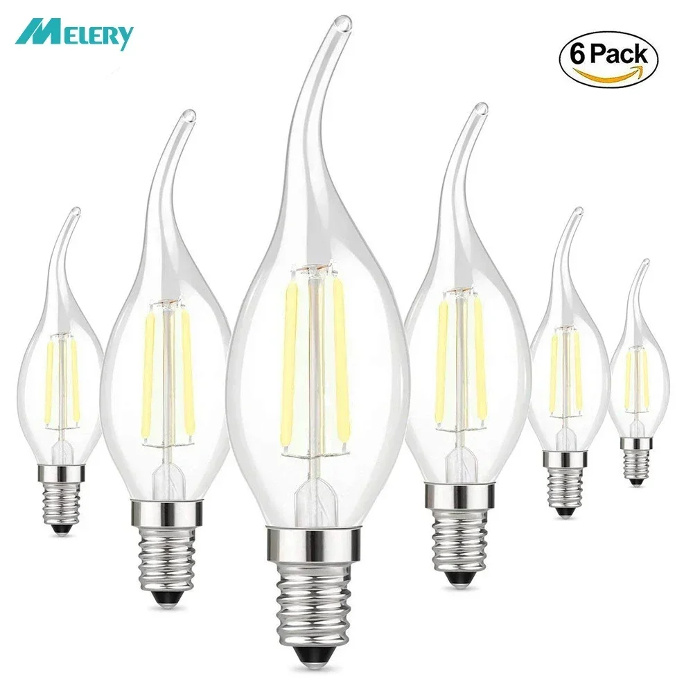 

E14 LED Filament Light Bulbs 2W 4W Clear Candle Small Edison Screw C35 Warm Cool White Chandelier Lamp 20W 40W Equivalent 6Pack