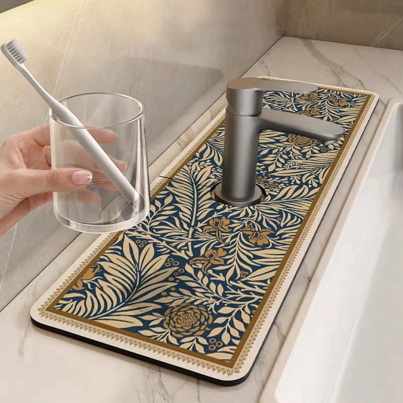 Nappa Skin Faucet Splash Catcher Absorbent Mat Printed Sink Splash Guard Countertop Protector Drying Pads For Kitchen Bathroom
