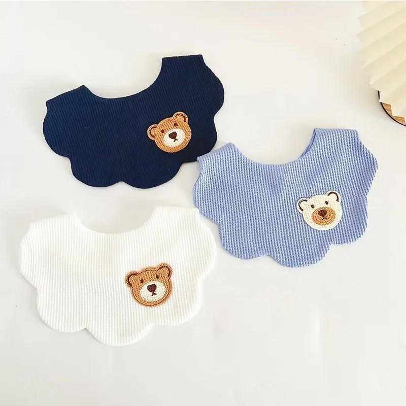Baby Cotton Bib, Scarf, Anti-spitting Milk and Saliva Towel, Waffle for Boys and Girls, Newborn Bib, Cartoon Bear.