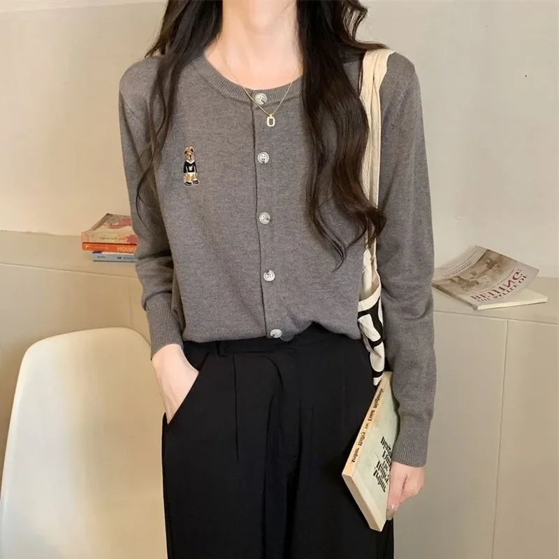 Spring Autumn Women's Knitted Cardigan Korean Single Breasted Long Sleeve Jumper Woman Chic Round Neck Cardigans Outwear