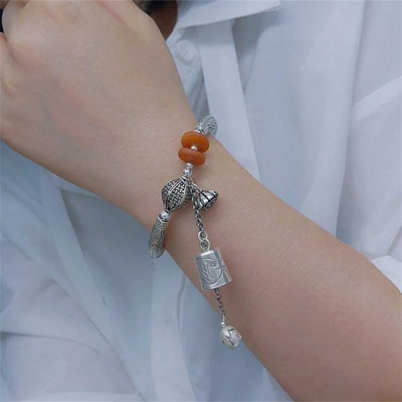 

Sterling Silver Bracelet S925 Gift For Women DIY Originality Charm Garnet Festival Retro Fashion Jewelry