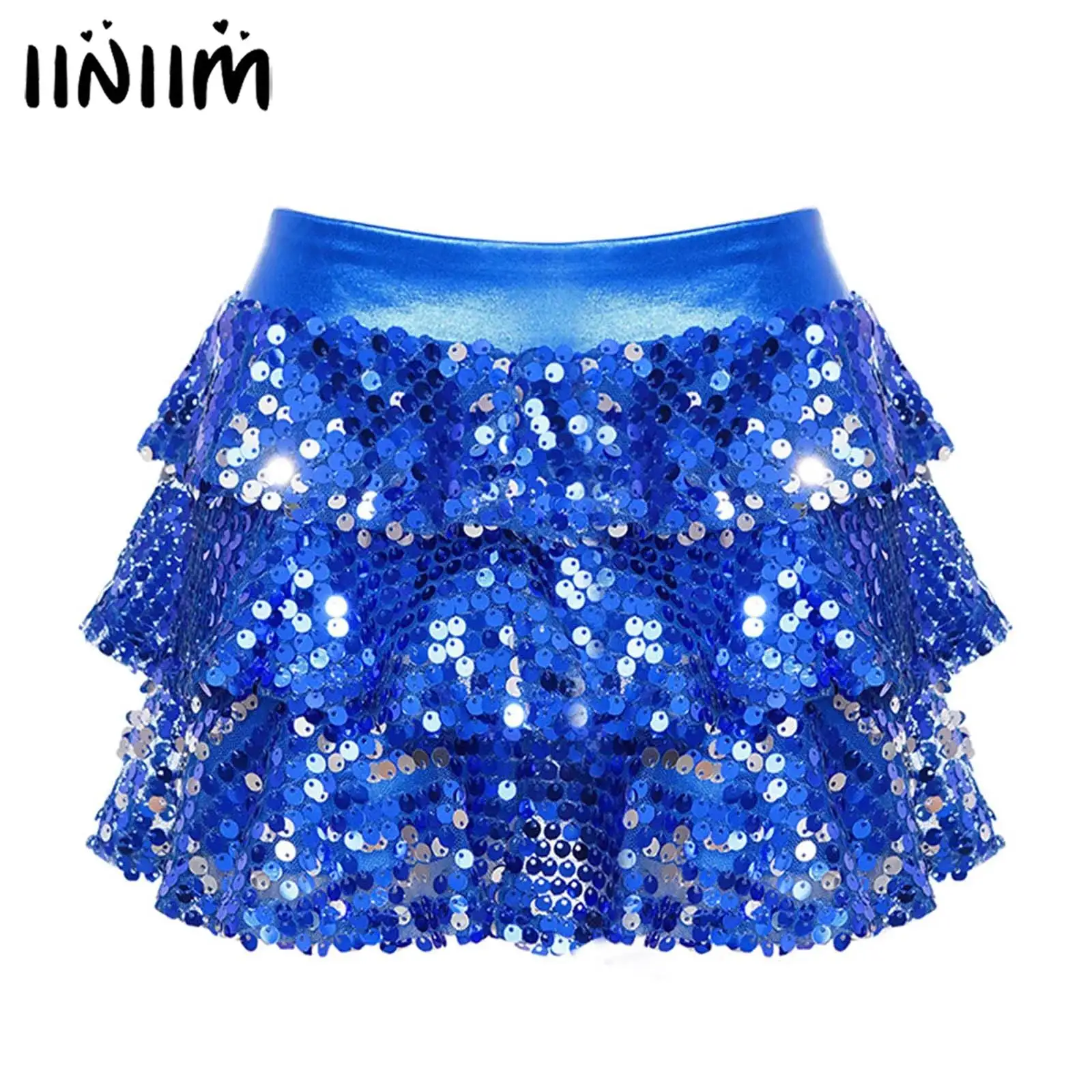 

Girls Shiny Sequins Ballet Jazz Dance Performance Culottes Costume Metallic Culottes Shiny Sequins Tiered Ruffle Skirted Shorts