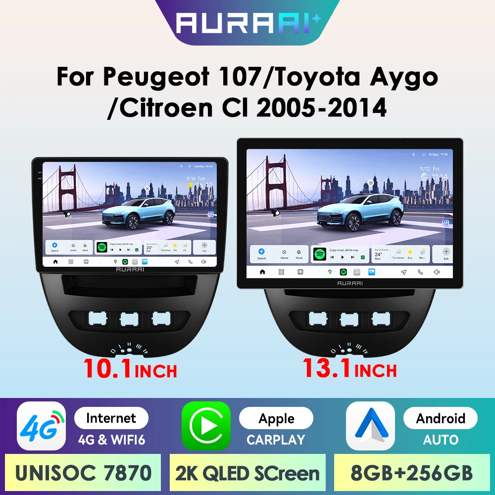 AURAAI X100 Android Autoradio für Peugeot 107 2005-2014 Citroen C1 Toyota Aygo Auto CarPlay RDS DSP GPS ADAS 360CAM 2K Bildschirm