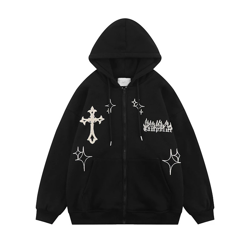 

Женские толстовки с вышивкой Goth Retro High Street на молнии Свободная куртка Пальто повседневные Harajuku Хип-хоп толстовки с капюшоном Y2k одежда