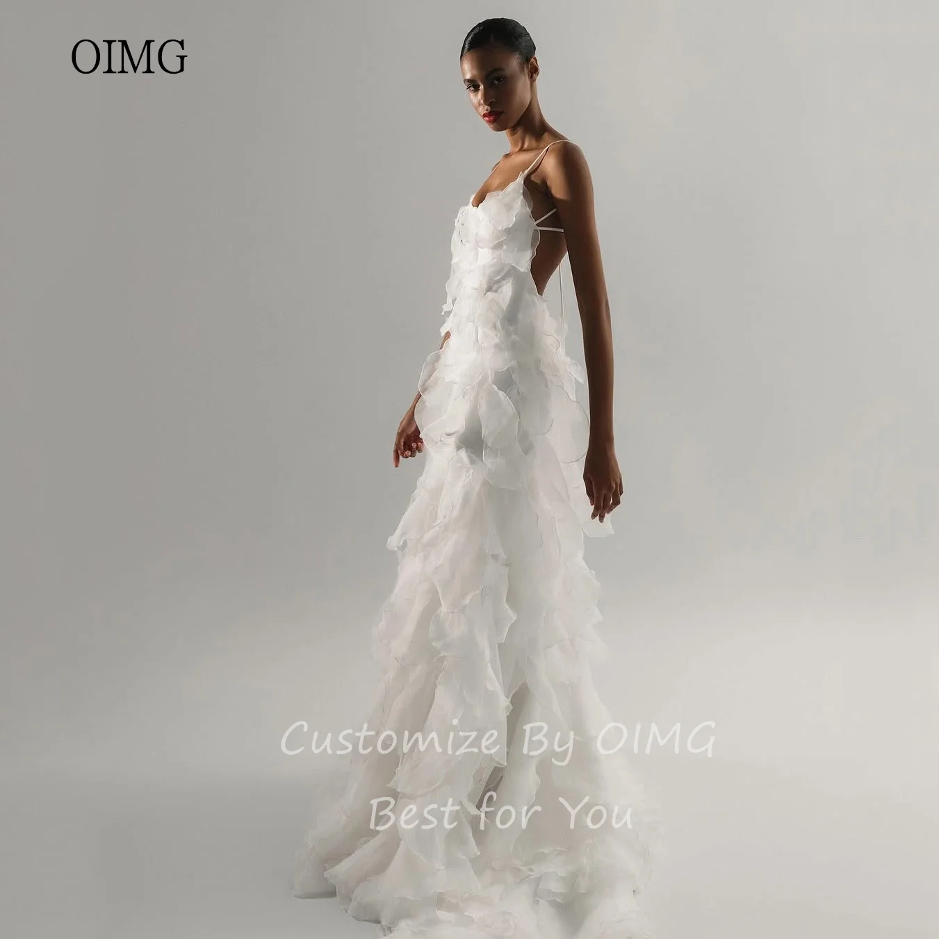 OIMG Spaghetti Strap A-line Wedding Dress Modern Backless Bride Dresses Multilayer Floor Length Wedding Gowns Customized