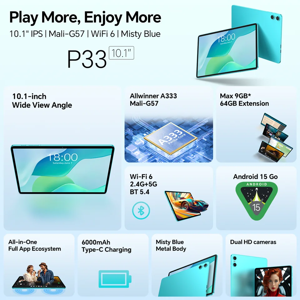 Teclast P33 Android 15タブレット 10.1インチ 1280x800 IPS A333 5