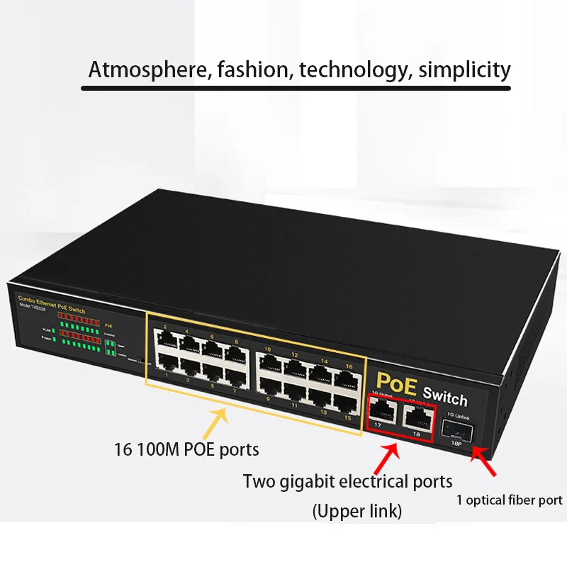 Internet Splitter Ethernet Network Switcher Hub POE switch RJ45 switch Game 16*100M+2*1000M electrical port+1*fiber optic port