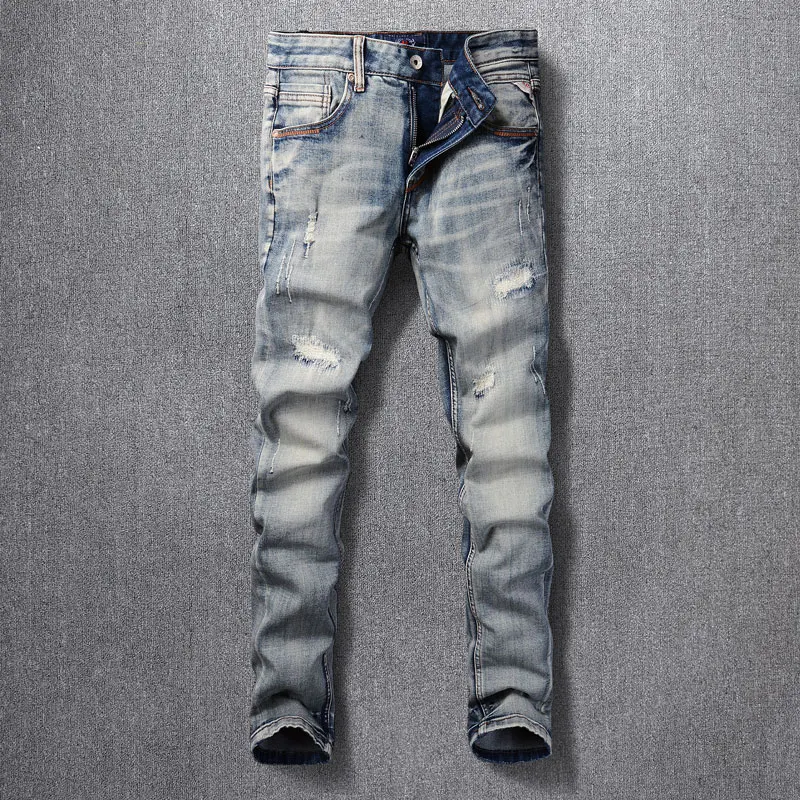 Newly Designer Fashion Men Jeans Retro Blue High Quality Elastic Slim Fit Ripped Jeans Men Patched Vintage Denim Pants Hombre
