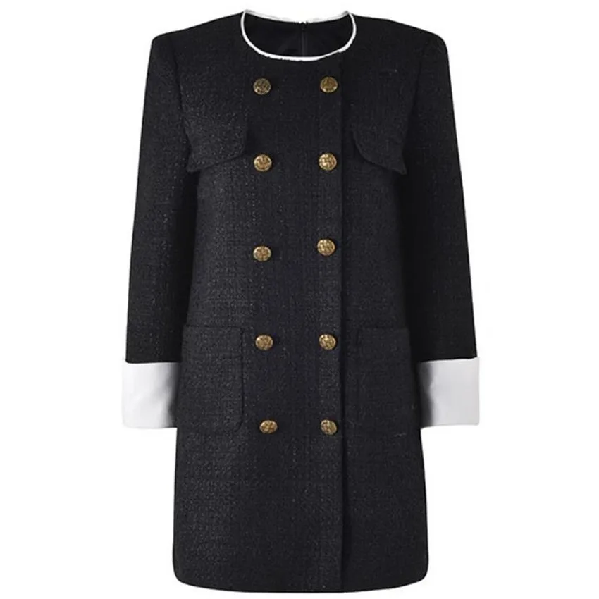 

Fashion Metal Double Breasted Tweed Woolen Overcoat Women O-neck Small Fragrance Outwear