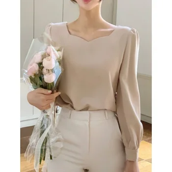 Chemisier élégant et décontracté pour femme, col carré, manches bouffantes, collection automne-printemps 2026