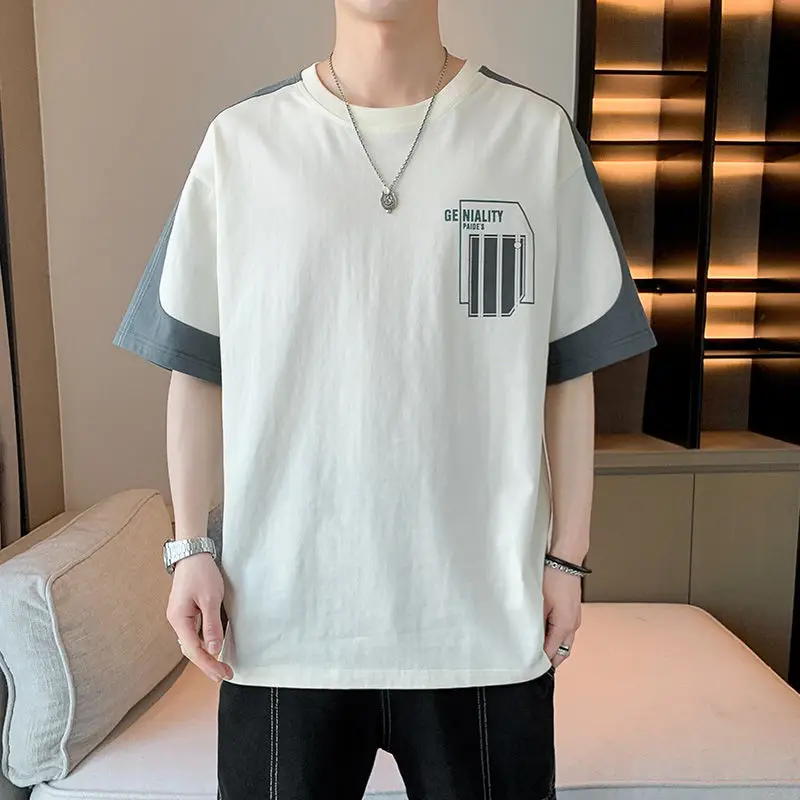 

Short Sleeve Printing Round Neck Loose T-Shirts Straight Sports Pullovers Solid Color Handsome Fashion Casual New Men's Clothing