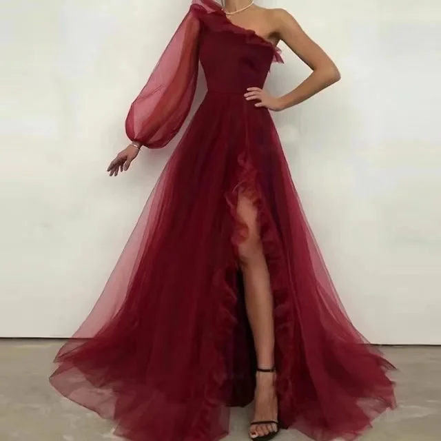 

ANGELSBRIDEP женское вечернее платье бордового цвета с одним открытым плечом с длинным рукавом со шлейфом и оборками с разрезом вечерние платья для выпускного вечера