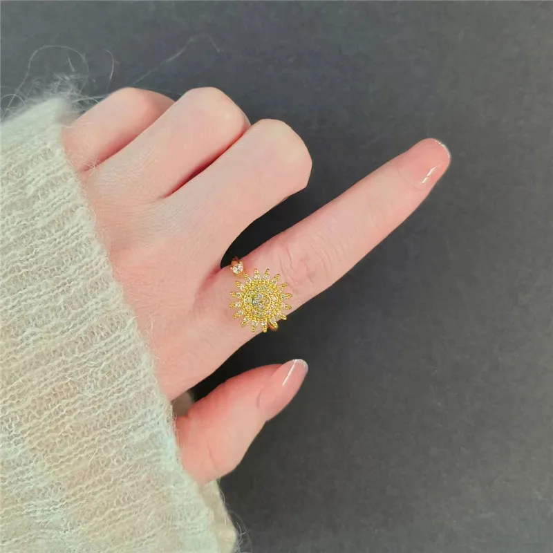 Sunflower Crystal Anti Stress Anxiety Ring Fidget Spinner Rings Adjustable for Women Metal Sakura Rotating Rings crystal rings fidget rings metal rings fashion rings finger rings fashion ring