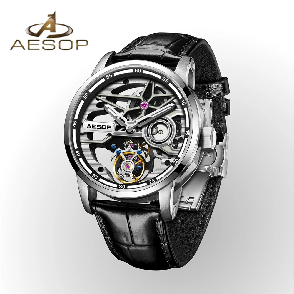 

Мужские часы AESOP с турбийоном, механические наручные часы-скелетоны с перфорацией, светящиеся водонепроницаемые часы с сапфировым стеклом
