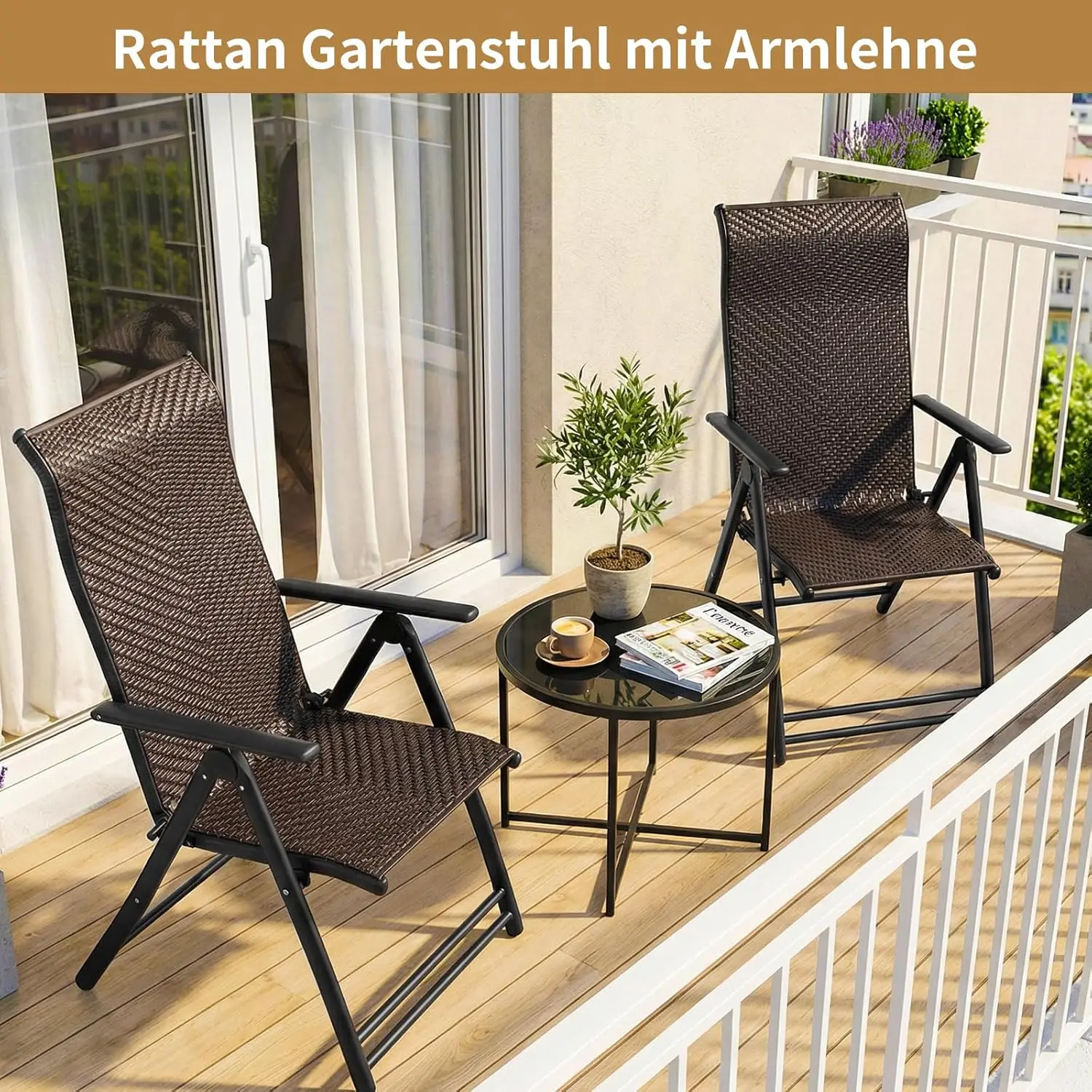 2er-Set Rattan-Liegestühle, klappbarer Balkonstuhl, 7-fach verstellbare Rückenlehne, Gartenliege mit hoher Rückenlehne – Detail 7