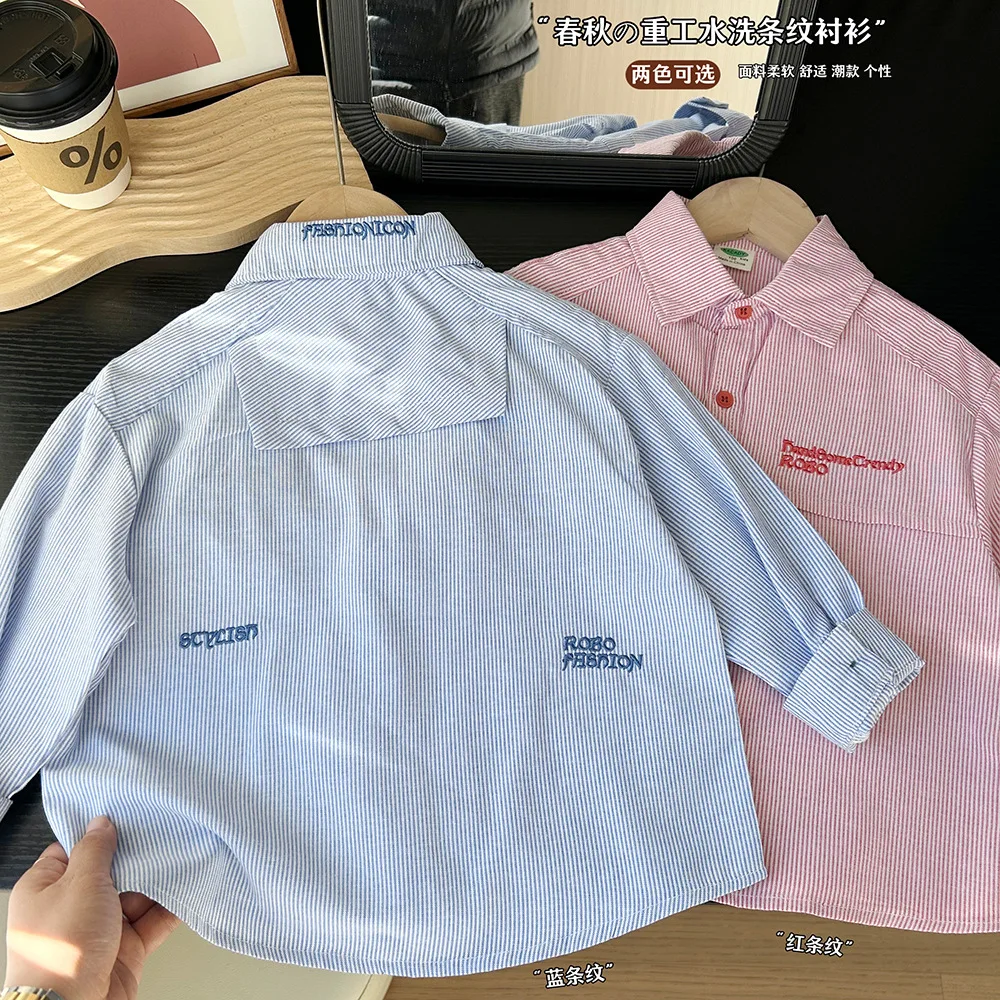Spring Autumn Girls Boys Casual Stripe Embroidery Long Sleeve Blouse Two Colors