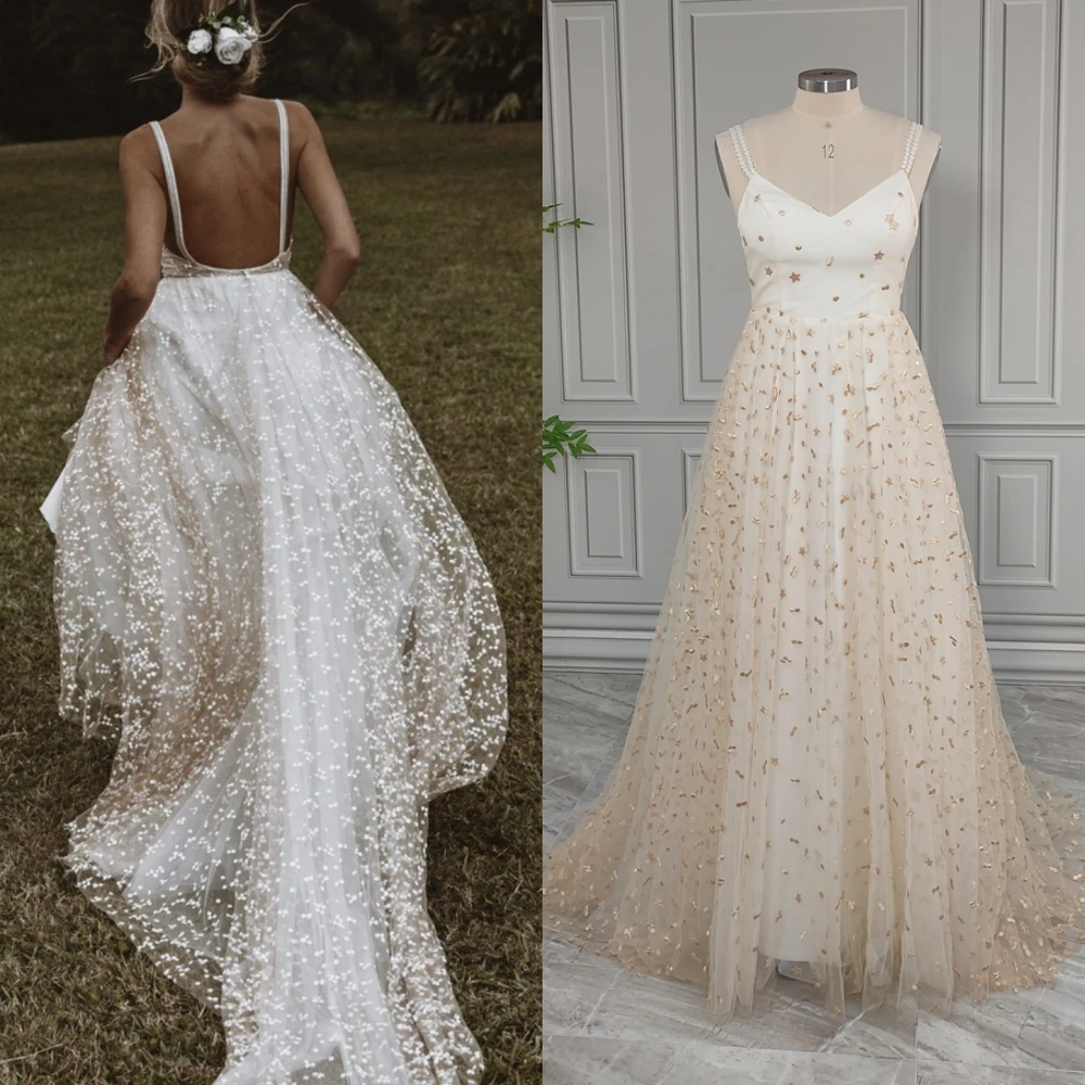 

10230# Real Photos Simple Summer Soft Round Dot Tulle A-line Wedding Dress 2024 Spaghetti Straps Bride Gown For Women