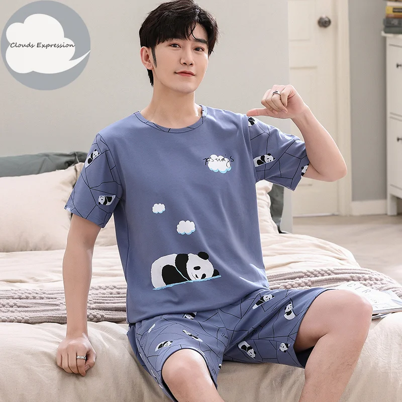 Summer New Cartoon Knitted Cotton Mens Pajama Sets Men's Sleep&Lounge Stripe Short Sleeved Pants Male Pajamas Fashion Homewear mens cotton pajama bottoms Men's Sleep & Lounge