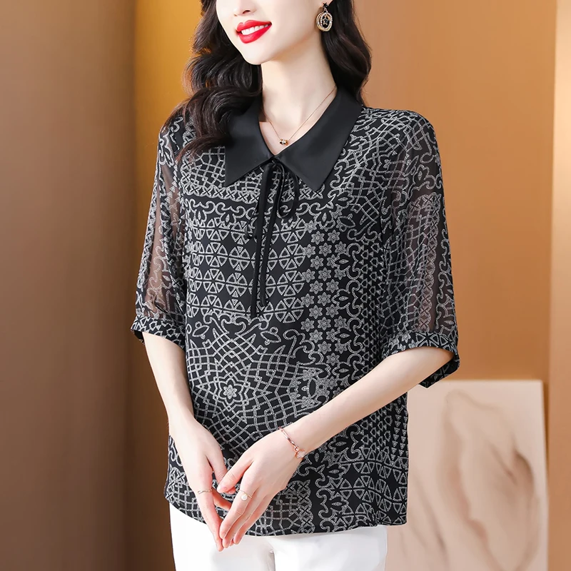 

Temperament Aging Reducing Doll Neck Printed Chiffon Shirt 2023 Summer New Loose Cover Meat Black Slim Bottom Mother Top Female