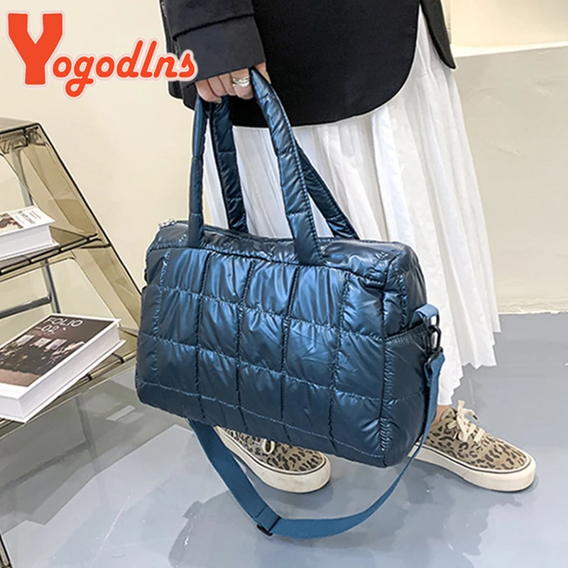 Yogodlns-Bolsa de algodão acolchoado para viagens, bolsa de ombro grande capacidade, bolsa de nylon impermeável, bolsa crossbody, espaço luxuoso