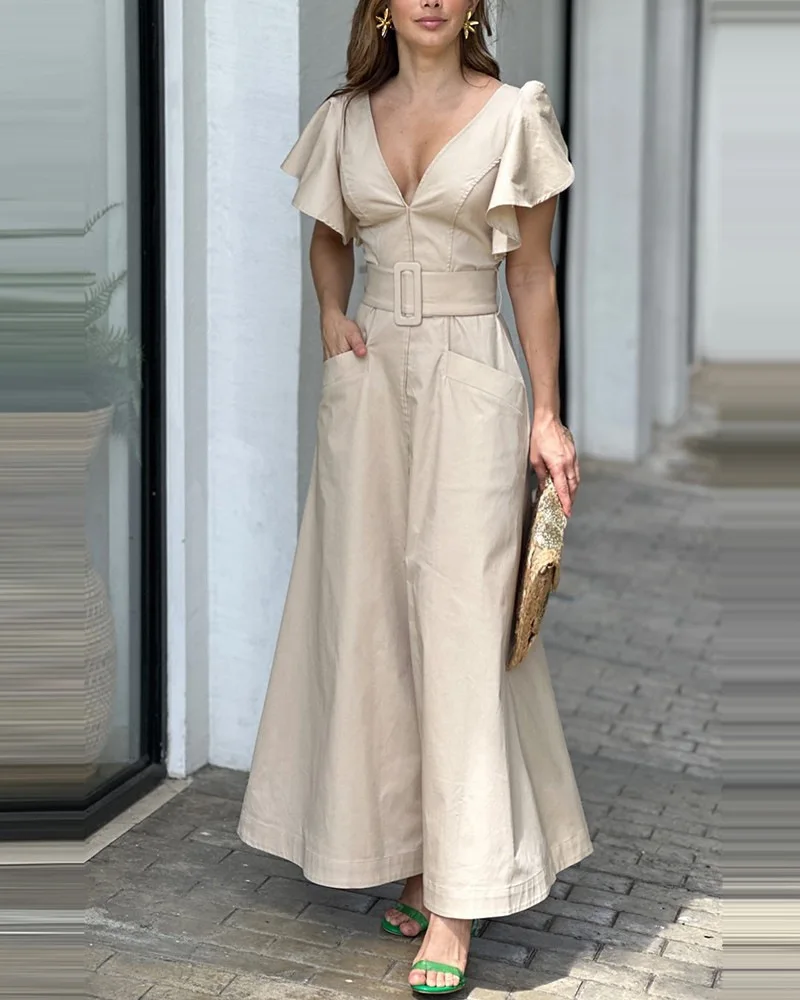 

2023 Spring New Long Dress Casual Middle V-neck Dress Solid Color Lotus Leaf Sleeve Long Skirt Temperament Commuter Waist Dress