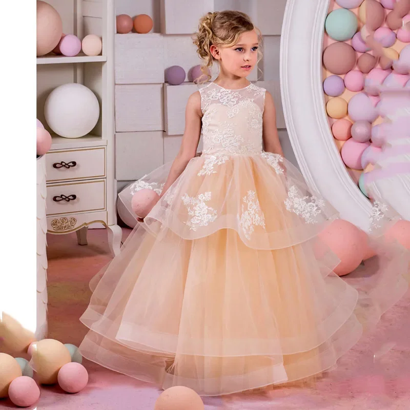 

GUXQD Champagne Ball Gown Baby Flower Girl Dresses Organza Appliques Children Wedding Birthday Party Gowns