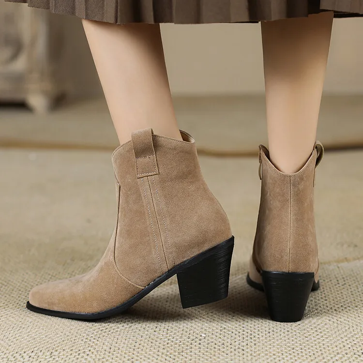 Big Size 46 Women Western Cowboy Boots Nubuck Thick Heels Cowgirl Short Boot Winter Shoes